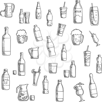Beverages, cocktails and drinks flat icons of wine and beer, vodka and water, soda and juice, milk and champagne bottles, beer tankards and cocktail glasses,  lemonade and milk jugs, takeaway paper cu