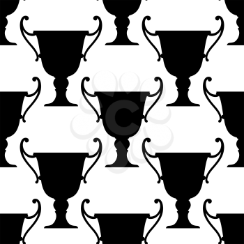 Sport trophy cups seamless pattern with black ornate bowls with handles