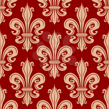 Elegant seamless fleur-de-lis pattern with beige lilies flowers on red background. For interior or wallpaper design usage