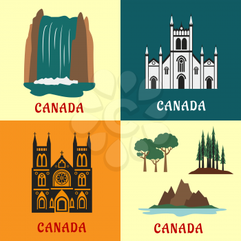 Architecture and nature landmarks of Canada with flat icons of scenic waterfall, evergreen forest, mountain and valley, gothic temple and church
