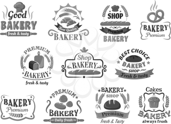 Bakery and pastry shop emblems, icons and signboards design with assorted bread, buns, cupcake, croissant and pretzel, framed by ribbon banners, cartouches, sun rays, wheat ears, toques and stars. Gra