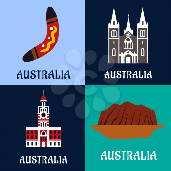 Australian nature and architecture landmarks, culture, history and religion symbols. Flat icons for travel concept or tourism industry design
