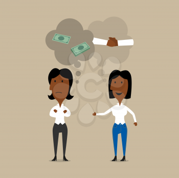 Cartoon businesswomen planning partnership or cooperation. One of them thinking about successful teamwork and other one is only about money. Commercialism and materialism in business, conflict of inte