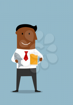 Happy friday and weekend cartoon concept with happy relaxed african american businessman which standing with light beer tankard and salted fish in hands