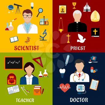 Scientist, teacher, doctor and priest professions flat icons with men and woman, science laboratory and medical equipment, school supplies, education and religious symbols