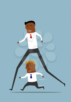 Cheerful cartoon long african american businessman has advantage over his rival and easily winning the competition. Competitive and career advantages, special skills concept design
