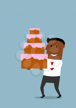 Joyful cartoon african american businessman with happy smile carrying the tall cream cake with white icing and pink glaze. Celebration of success or holiday concept