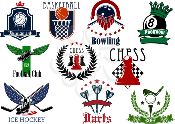Sports game heraldic emblems with elements and sports items of football, soccer, basketball, ice hockey, billiards, darts, golf, chess, volleyball and bowling