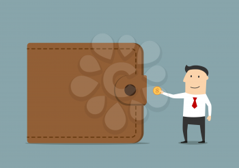 Satisfied cartoon businessman putting golden dollar coin to leather wallet. Money, finance, or business concept design