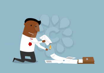 Upset cartoon businessman burning up paper and documents, contracts and invoices with matches. Document destruction theme concept