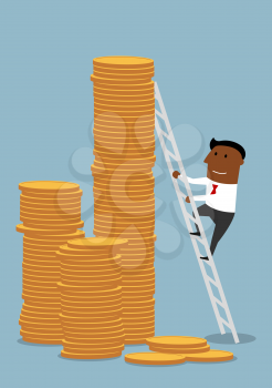 Wealth and ladder of success concept. Lucky african american businessman climbing up to stacks of golden coins, to achieve wealth and success