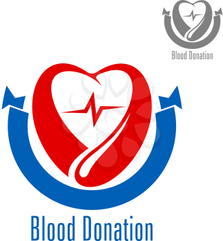 Blood donation icon with stylized heart, carefully encircled by red drop of blood and blue ribbon banner. For healthcare, blood donation, medical charity and saving life concept design