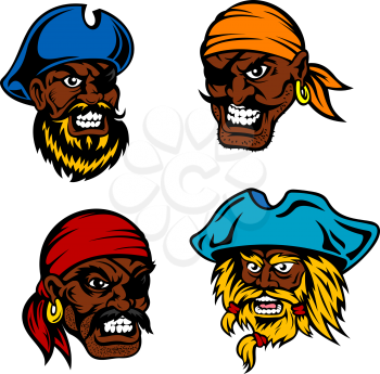 Angry and dangerous dark skinned cartoon marine pirates, captains and sailors with lush beards, moustaches, eye patches, bandanas and hats. Childish book, пфьуыб adventure and travel design usag