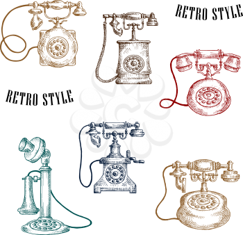 Sketches of old-fashioned telephones with vintage stylized handsets, magneto handle and rotary dials. Telecommunication concept usage