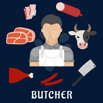 Butcher man in white apron with fresh beef steaks, pork leg, cleaver, salami, smoked sausages, sliced bacon and cow head. Butcher profession concept
