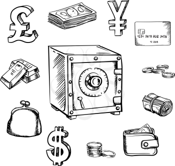 Money, currency and finance sketch icons with safe, surrounded by money roll, bank credit card, stack of dollar bills, coins, gold bars, dollar, pound and yen currency signs, wallet and purse. Finance