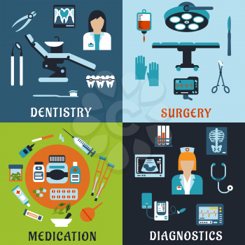 Dentistry, surgery, diagnostic medicine and pharmacology flat icons. Dentist and therapist, doctor, medical equipment, diagnostic elements, drugs and pills, tools, medicine bottles and medication item