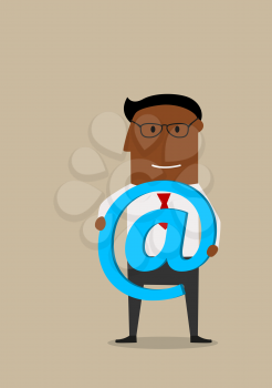 Modern communication and telecommunication technology concept with smiling cartoon businessman in glasses with blue glowing e-mail symbol in hands