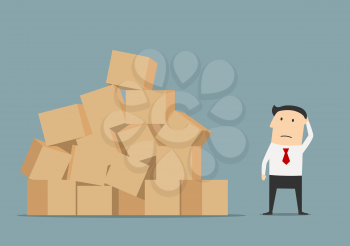 Pensive businessman standing near a huge pile of cardboard boxes. He thinking how to deliver or store all packages
