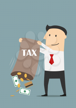 Tax time concept theme. Vector. Satisfied businessman taxpayer pouring out from a bag of collected taxes a credit cards, money bills and coins