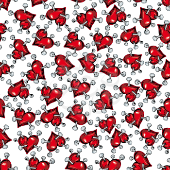 Cartoon red hearts pierced by nails seamless pattern on white background. For love, Valentine day or broken heart concept design
