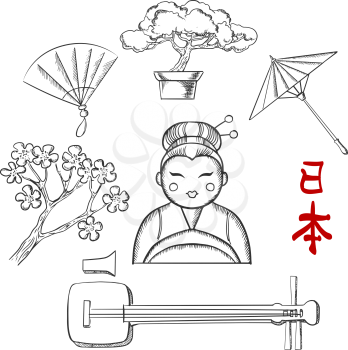 Japanese travel and cultural sketch icons with cherry blossom, fan, bonsai, umbrella and calligraphy around a Geisha girl with text Japan below