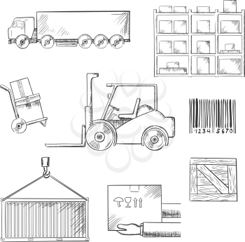 Delivery and shipping icons with truck, crate, barcode, container, shelving, loader and wooden box. Sketch style