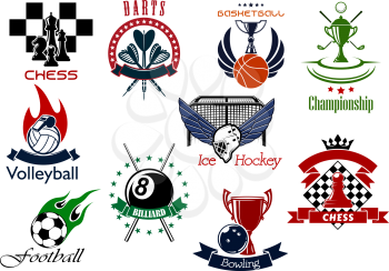Set of sporting emblems or icons representing different sports and championships. Chess, darts, golf, basketball, volleyball, ice hockey, bowling, pool, soccer and football icons included