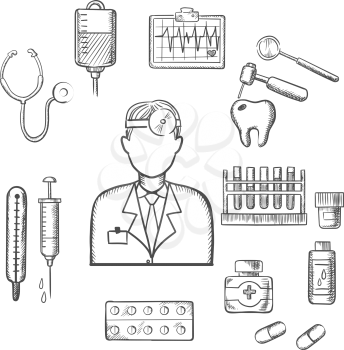 Doctor therapist in sketch style with medical icons as tubes, flasks, drugs and pills, syringe, dentistry, blood transfusion, ultrasound stethoscope. For healthcare and medicine design usage