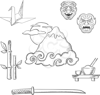 Japan travel design in sketch style. Fujiyama mountain in clouds and big sun surrounded by symbols of japanese culture including katana samurai sword, bamboo sprouts, bowl with rice and chopsticks, or