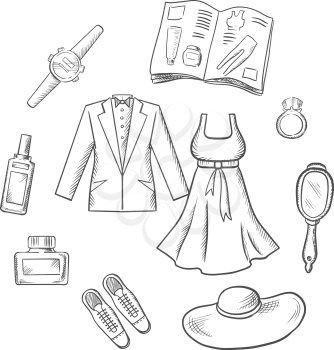 Sketched fashion icons with scattered male and female clothing, accessories, shoes, hat, jewelery, catalogue and mirror