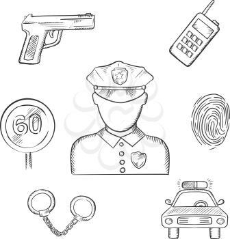 Policeman profession icons with officer in uniform surrounded by police car, portable radio transceiver, fingerprint, handcuffs, gun and speed limit sign. Sketch style