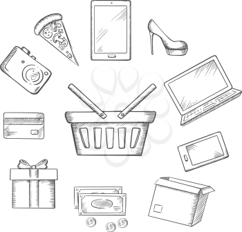 Trading sketch icons with shopping basket rounded for a mobile phone, tablet and laptop, cash, bank card, gift, cardboard carton with a shoe, fashion, camera, electronics and fast food pizza