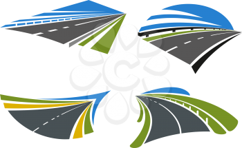 Highways and roads icons with landscape. Isolated on white vector icons. For travel, transportation and journey themes design