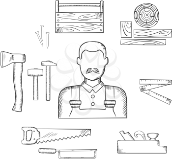 Carpenter profession sketch icons with moustached man, timber and carpentry tools including hammers, axe, nails, wooden toolbox, handsaw, hacksaw, folding rule, jack plane