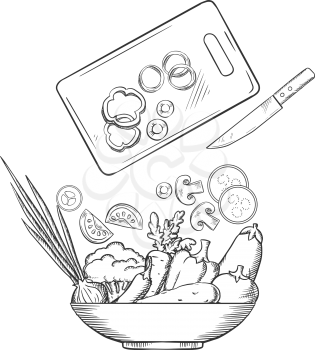 Salad preparation with bowl of fresh cucumbers, bell and chili peppers, tomato, carrot, broccoli, onion, eggplant, chopping board with knife and sliced vegetables above. Sketch style vector