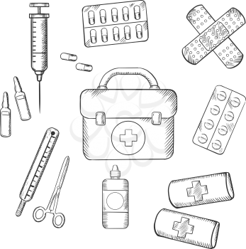 Ambulance concept with a sketch icons of a first aid kit, plasters, medication, forceps, syringe and tablets. For medicine and healthcare theme design