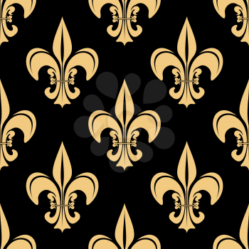 Gold and black fleur-de-lis floral seamless pattern with yellow lily flowers on dark background