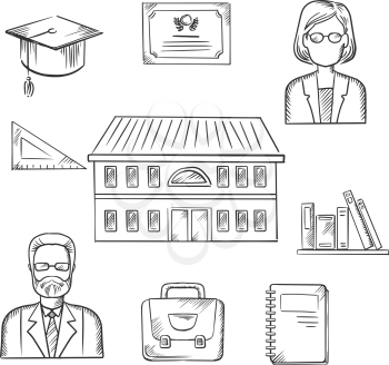 School education sketch design with a school building surrounded by icons depicting male and female teachers, books, briefcase, graduation hat, tablet, notebook and school building. Sketch style vecto