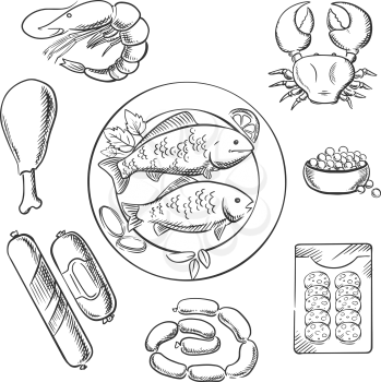 Seafood and meat sketched icons with fish, crab, prawn, caviar, sausage, wurst and chicken. For cafe or restaurant menu design. Sketch vector