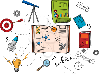 Astronomy and science colorful icons with spaceship, light bulb, magnifying glass, target, telescope, chart and books. Sketch style