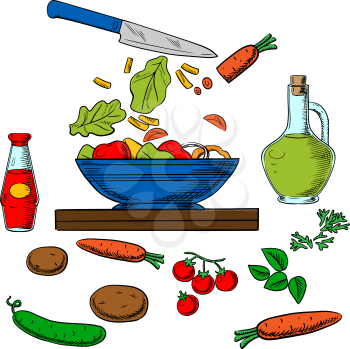 Cooking salad process with sliced fresh vegetables surrounded by whole carrots, cucumber, tomatoes, potatoes, spicy herbs, bottles of olive oil and soy sauce. Colorful sketched objects