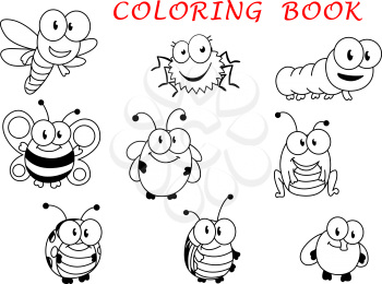 Cartoon funny outline insect characters with fly, ladybug, butterfly, dragonfly, bee, caterpillar, beetle, spider and grasshopper