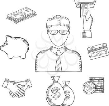 Banker profession sketch with manager or clerk in glasses and financial icons such as money bags, credit card, handshake, piggy bank, dollar coins and bills, ATM with hand. Sketch vector