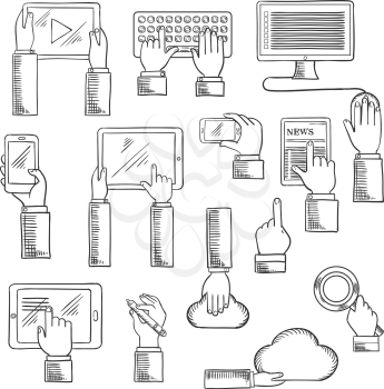 Digital devices and web technology icons with human hands working on tablets, desktop computer, keyboard, smartphones, digital pen, cloud data storage and search application. Sketch style vector