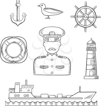 Sailor and captain profession design with moustached captain in white uniform, helm, ship, anchor, lifebuoy, lighthouse and seagull icons. Sketch style vector