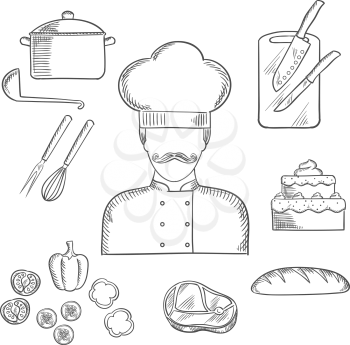 Cook profession hand drawn design with sketch of man in chef hat and tunic with bread, beef steak, pot with ladle, tiered cake, sliced fresh vegetables, chopping board with knives, whisk and fork. Ske