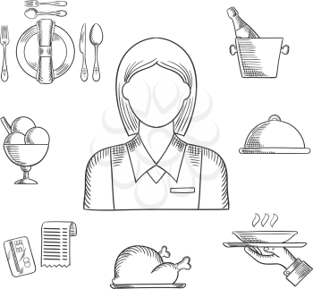 Waiter profession hand drawn icons with waitress in elegant uniform, surrounded by dinner set, champagne and ice bucket, ice cream sundae, fried chicken, cloche and restaurant bill. Sketch vector