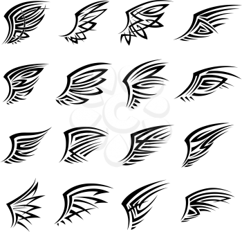 Black tribal tattoo designs with isolated wings. Also may bu used as heraldry symbol, emblem, icon or t-shirt print design 