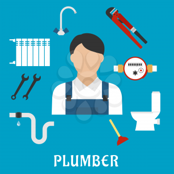 Plumber profession or service flat icons with radiator of heating system, water faucet and water meter, toilet, adjustable wrench, pipes system with leak, spanners, plunger and plumber man